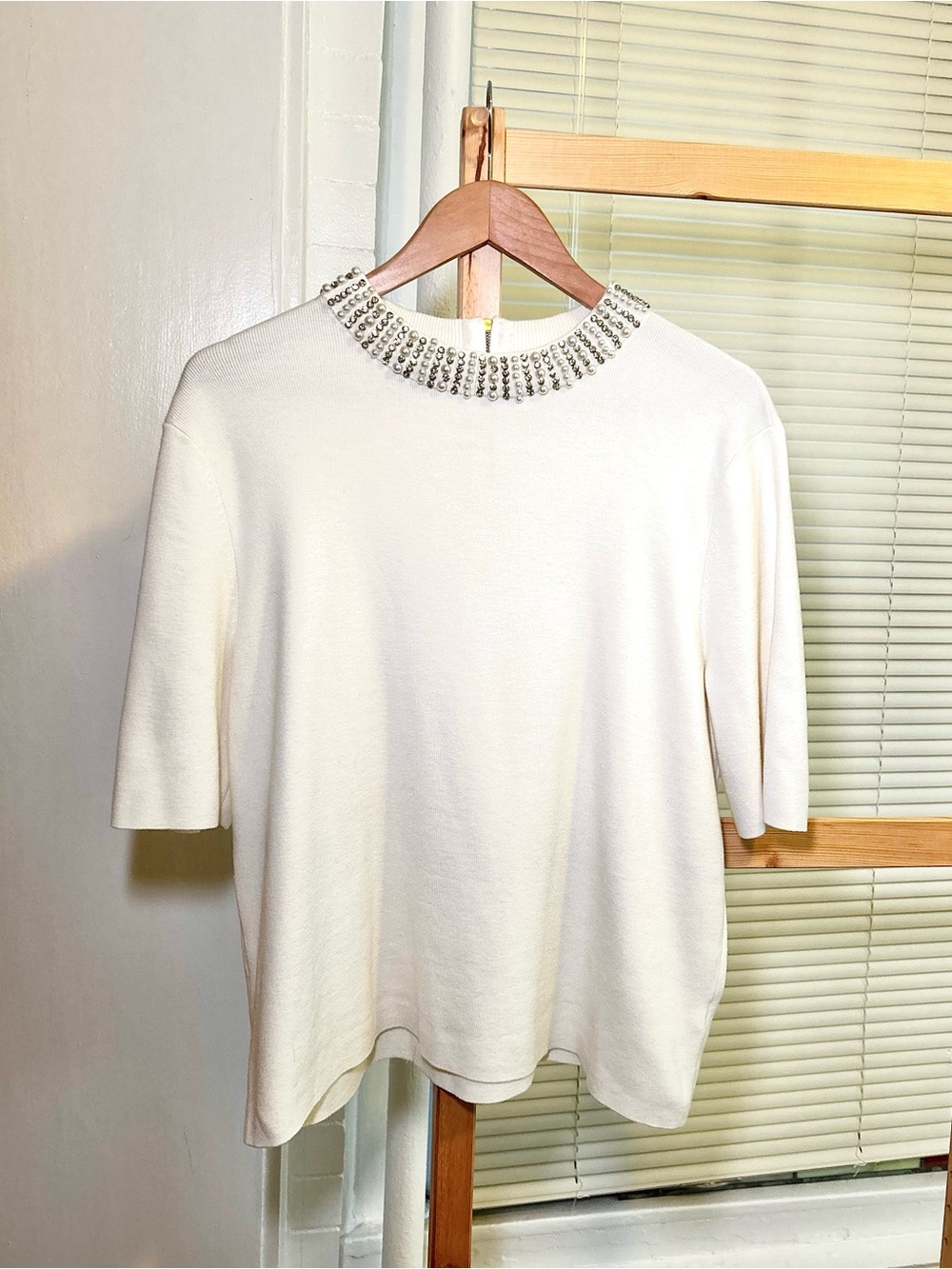 Talbots Embellished Pearl and Beaded Neck Sweater in White, Like New, XL